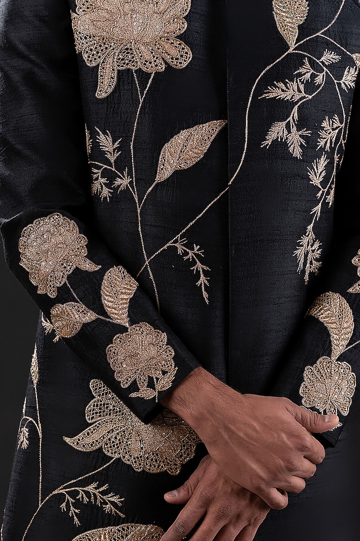 Black Raw Silk & Cotton Embellished Groom Sherwani Set by TIRA BY NARESH RAJ at Pernia's Pop Up Shop