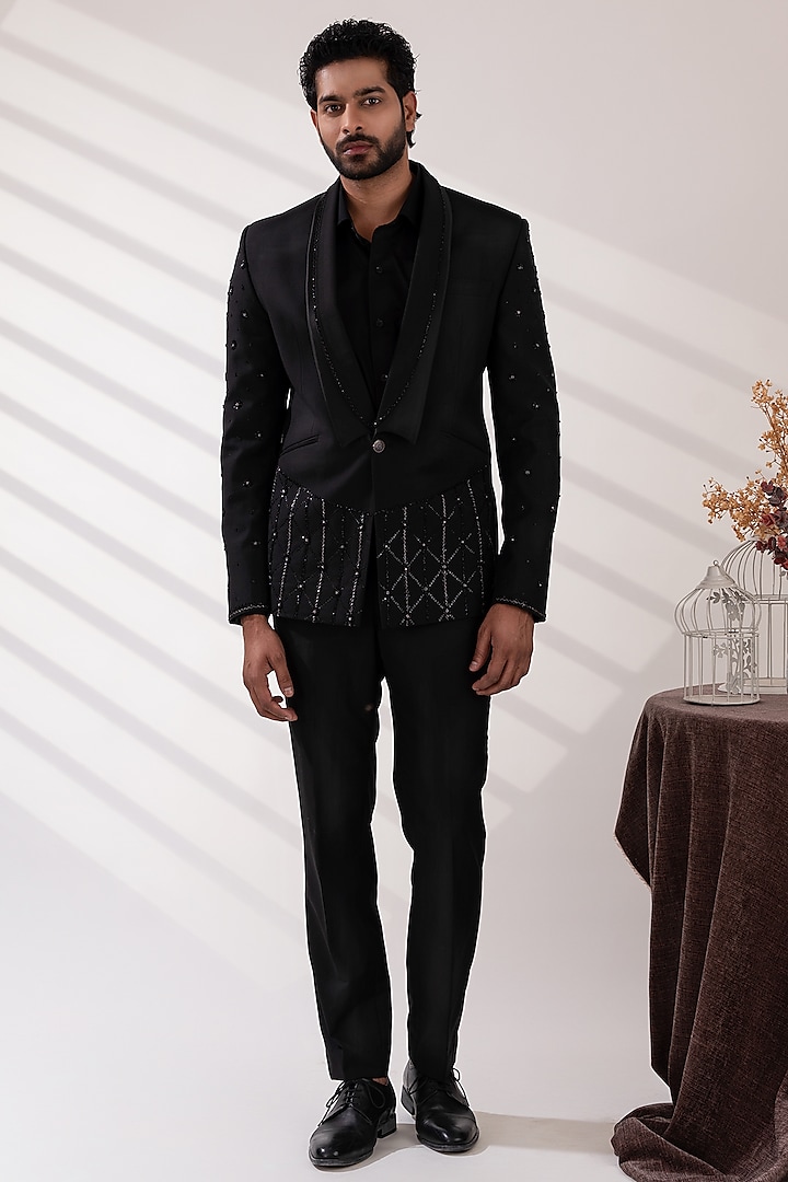 Black Terriwool & Cotton Embellished Blazer Set by TIRA BY NARESH RAJ