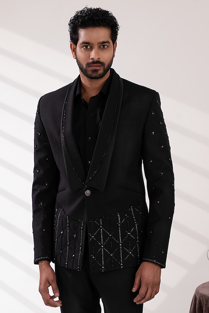 Black Terriwool & Cotton Embellished Blazer Set by TIRA BY NARESH RAJ at Pernia's Pop Up Shop