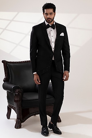 Black Terriwool & Cotton Embellished Blazer Set by TIRA BY NARESH RAJ
