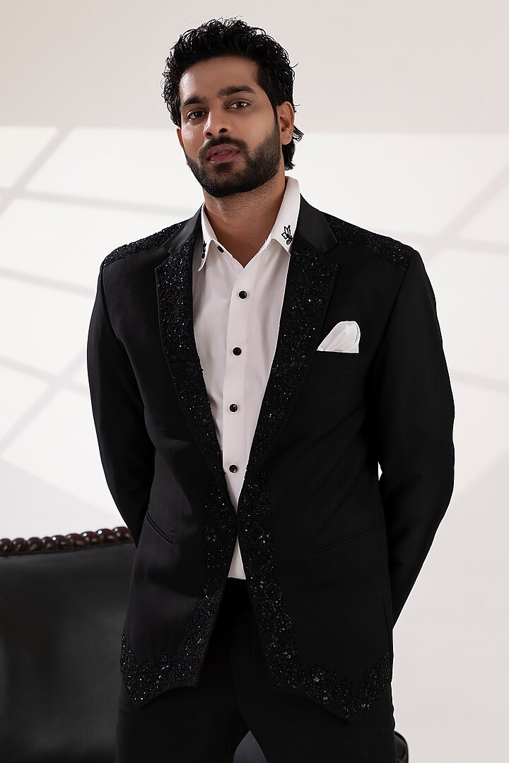 Black Terriwool & Cotton Embellished Blazer Set by TIRA BY NARESH RAJ at Pernia's Pop Up Shop