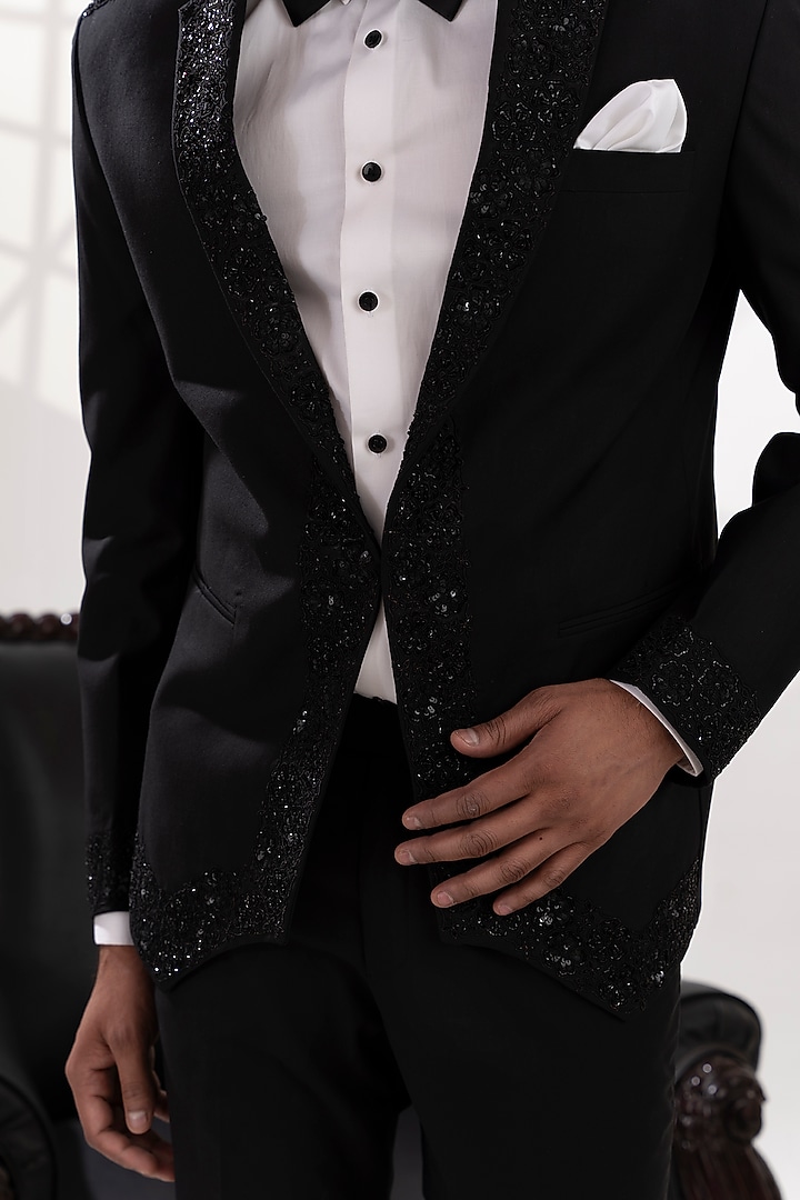 Black Terriwool & Cotton Embellished Blazer Set by TIRA BY NARESH RAJ at Pernia's Pop Up Shop