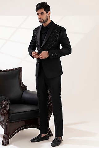 Black Terriwool & Cotton Embellished Tuxedo Set by TIRA BY NARESH RAJ