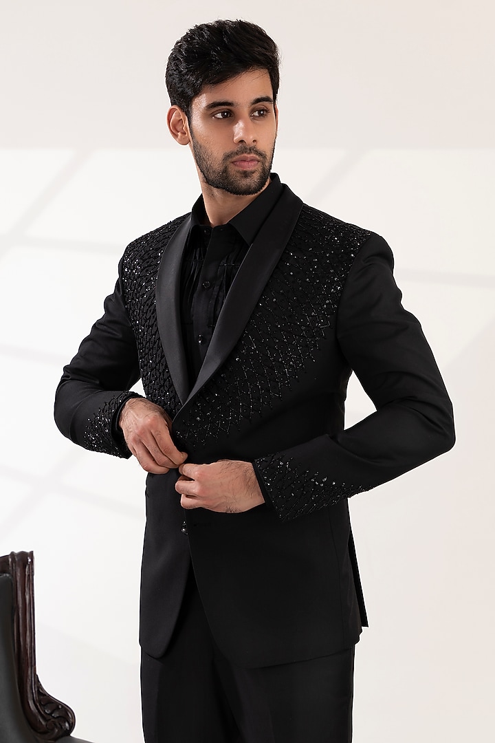 Black Terriwool & Cotton Embellished Tuxedo Set by TIRA BY NARESH RAJ at Pernia's Pop Up Shop
