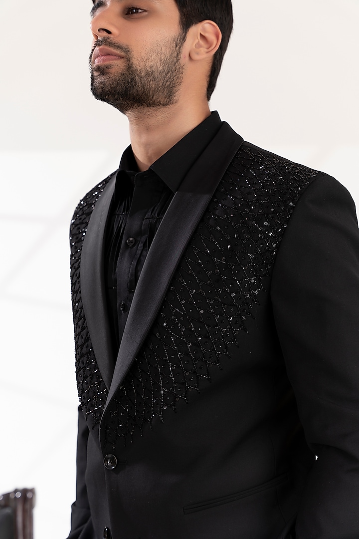 Black Terriwool & Cotton Embellished Tuxedo Set by TIRA BY NARESH RAJ at Pernia's Pop Up Shop