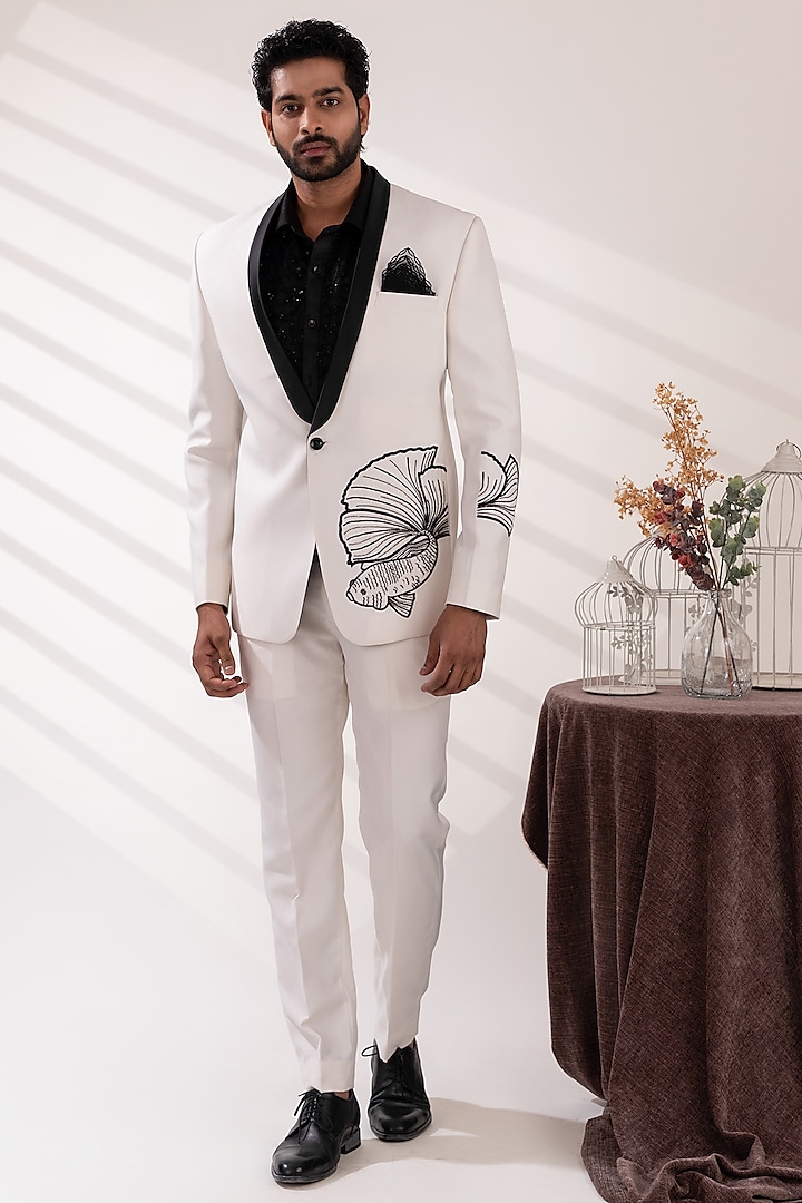 Off-White Terriwool & Cotton Embroidered Tuxedo Set by TIRA BY NARESH RAJ