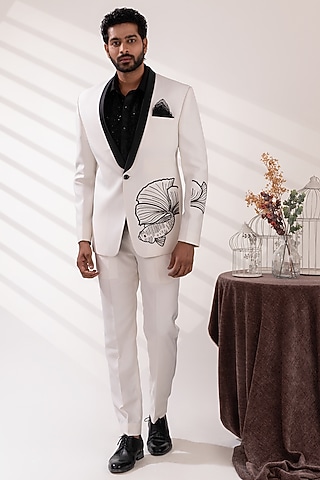 Off-White Terriwool & Cotton Embroidered Tuxedo Set by TIRA BY NARESH RAJ