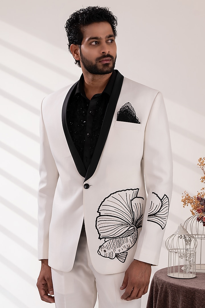 Off-White Terriwool & Cotton Embroidered Tuxedo Set by TIRA BY NARESH RAJ at Pernia's Pop Up Shop