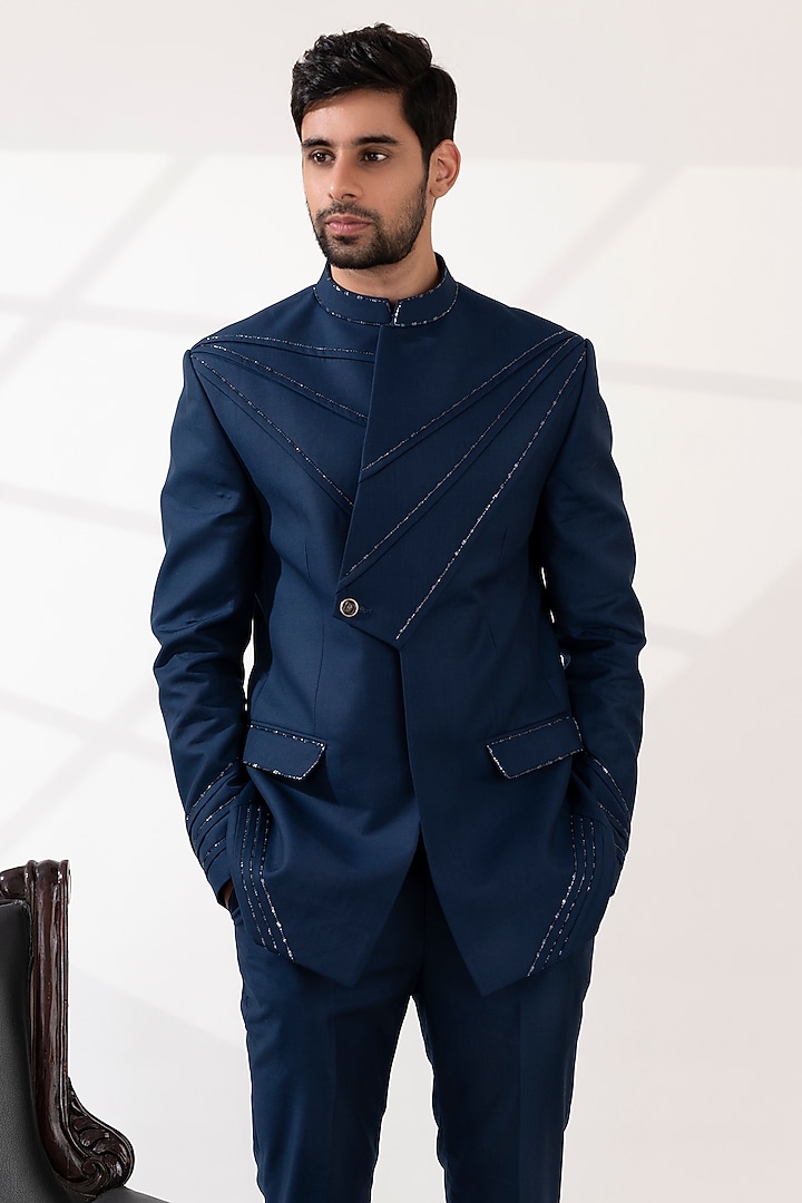 Navy Blue Terry Wool Sequin Embellished Wedding Indowestern Set by TIRA BY NARESH RAJ at Pernia's Pop Up Shop