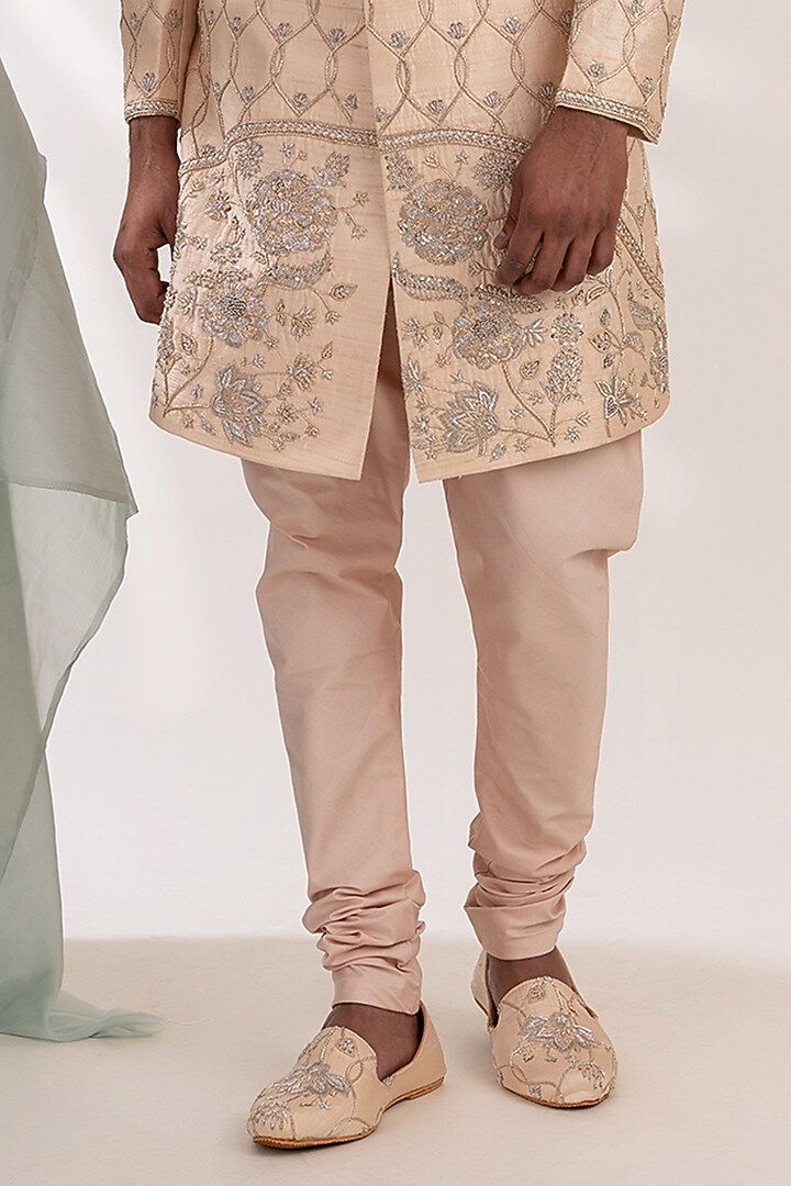 Light Gold Raw Silk Hand Embroidered Groom Sherwani Set by TIRA BY NARESH RAJ at Pernia's Pop Up Shop