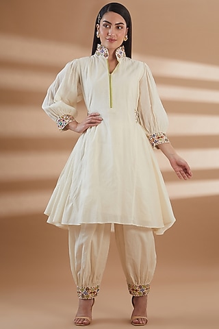 Ivory Pure Cotton Embroidered Anarkali Set by Tamra By Payal Khanna