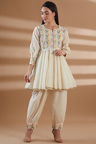 Ivory Pure Cotton Embroidered Anarkali Set by Tamra By Payal Khanna
