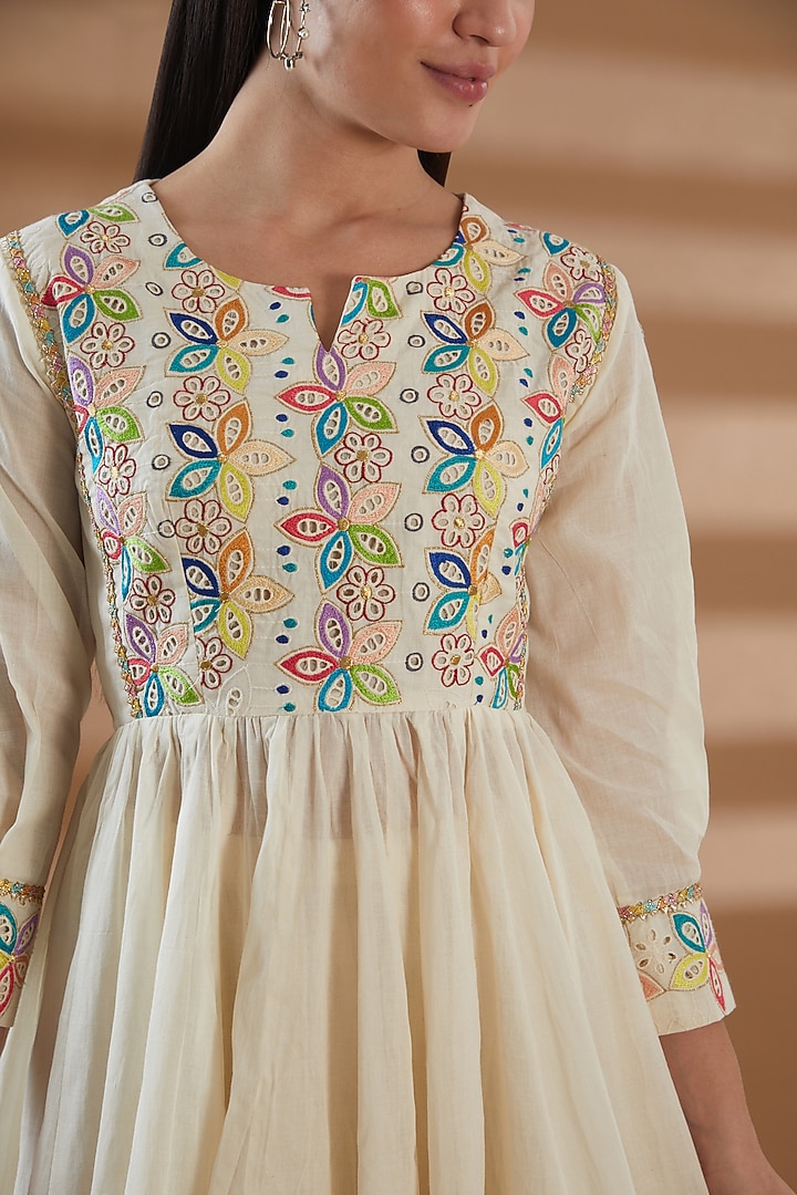 Ivory Pure Cotton Embroidered Anarkali Set by Tamra By Payal Khanna at Pernia's Pop Up Shop