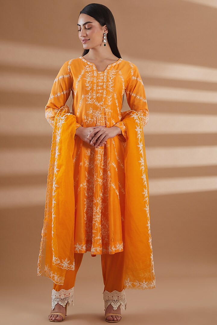 Orange Pure Chanderi Anarkali Set by Tamra By Payal Khanna