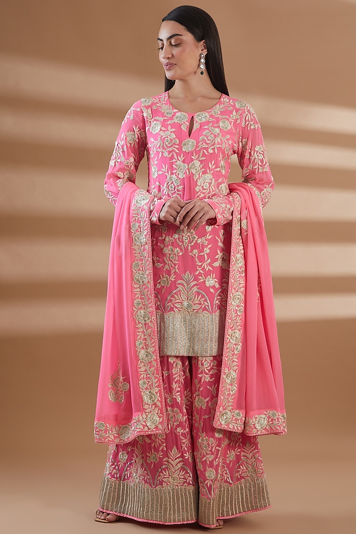 Pink Pure Georgette Embellished Sharara Set by Tamra By Payal Khanna