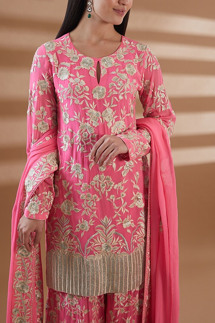 Pink Pure Georgette Embellished Wedding Sharara Set by Tamra By Payal Khanna at Pernia's Pop Up Shop