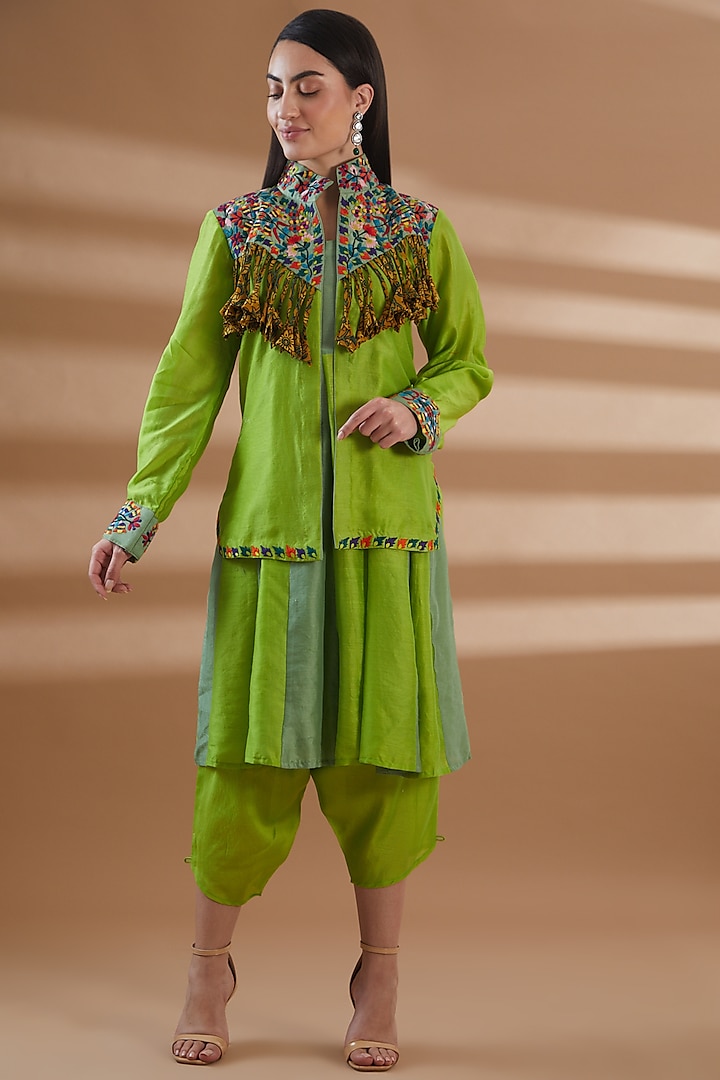 Green Pure Chanderi Embroidered Jacket Set by Tamra By Payal Khanna