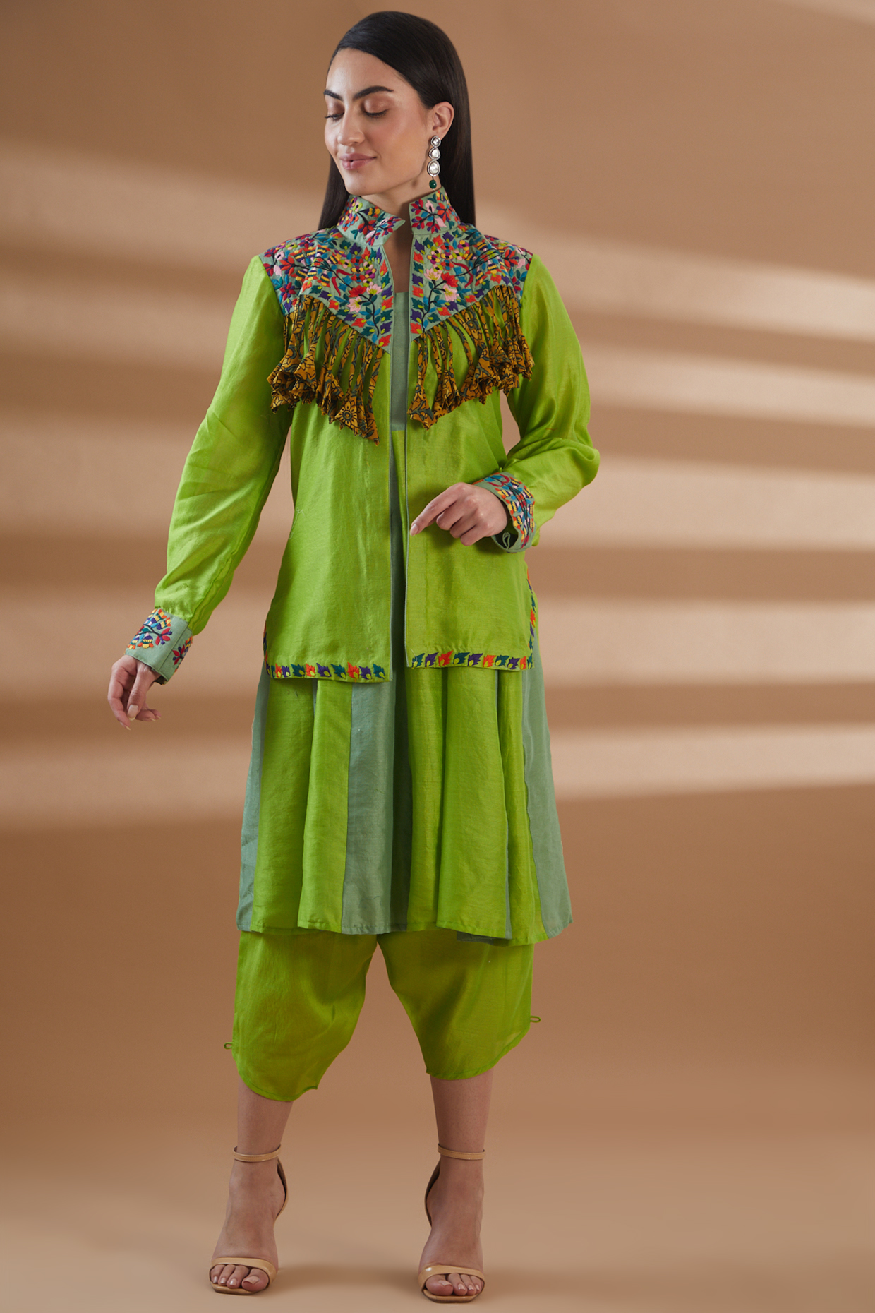 Green Pure Chanderi Embroidered Jacket Set by Tamra By Payal Khanna at Pernia's Pop Up Shop