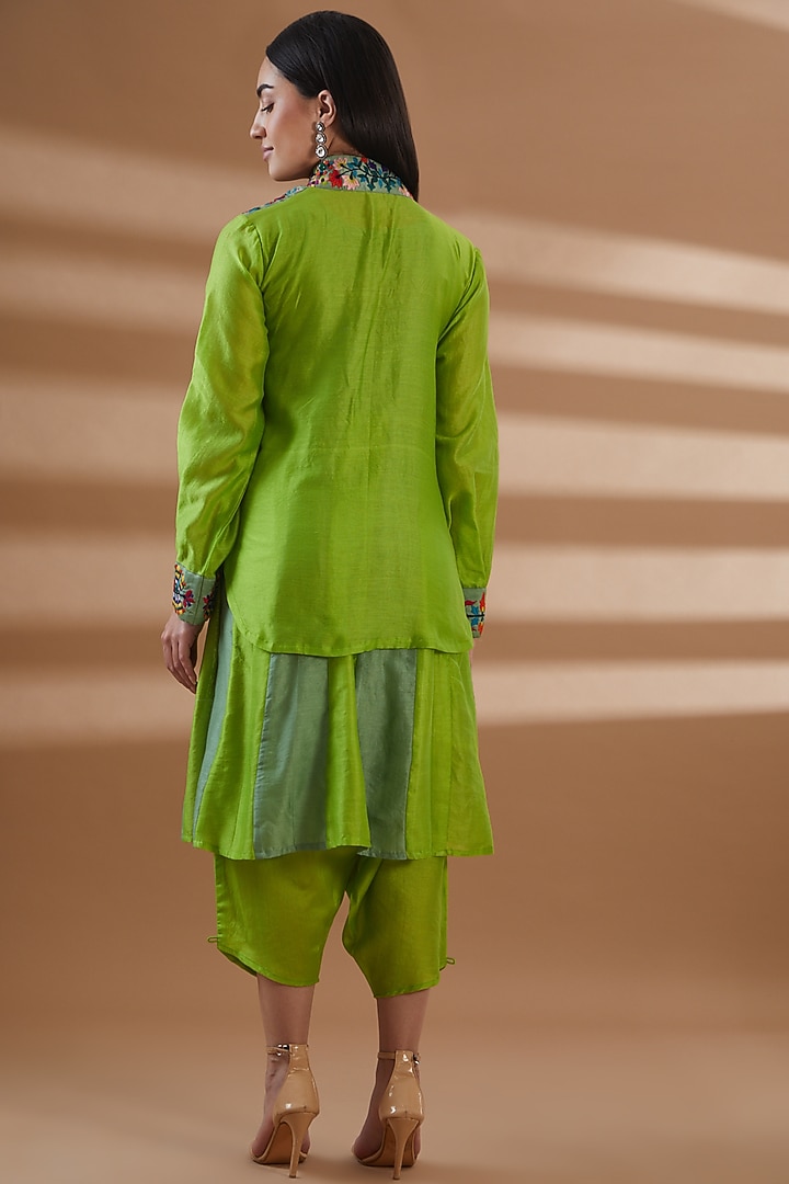 Green Pure Chanderi Embroidered Jacket Set by Tamra By Payal Khanna at Pernia's Pop Up Shop