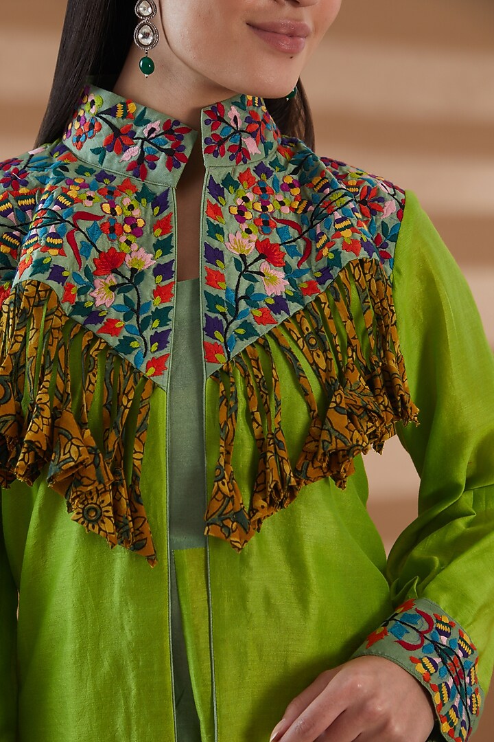 Green Pure Chanderi Embroidered Jacket Set by Tamra By Payal Khanna at Pernia's Pop Up Shop