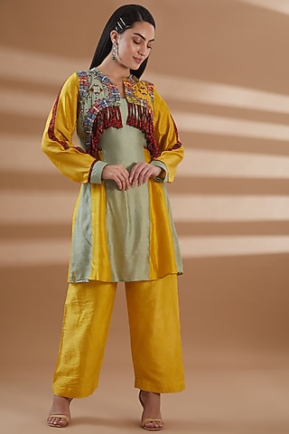 Yellow Pure Chanderi Embroidered Kurta Set by Tamra By Payal Khanna