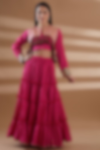 Pink Pure Cambric Cotton Tiered Lehenga Set by Tamra By Payal Khanna at Pernia's Pop Up Shop