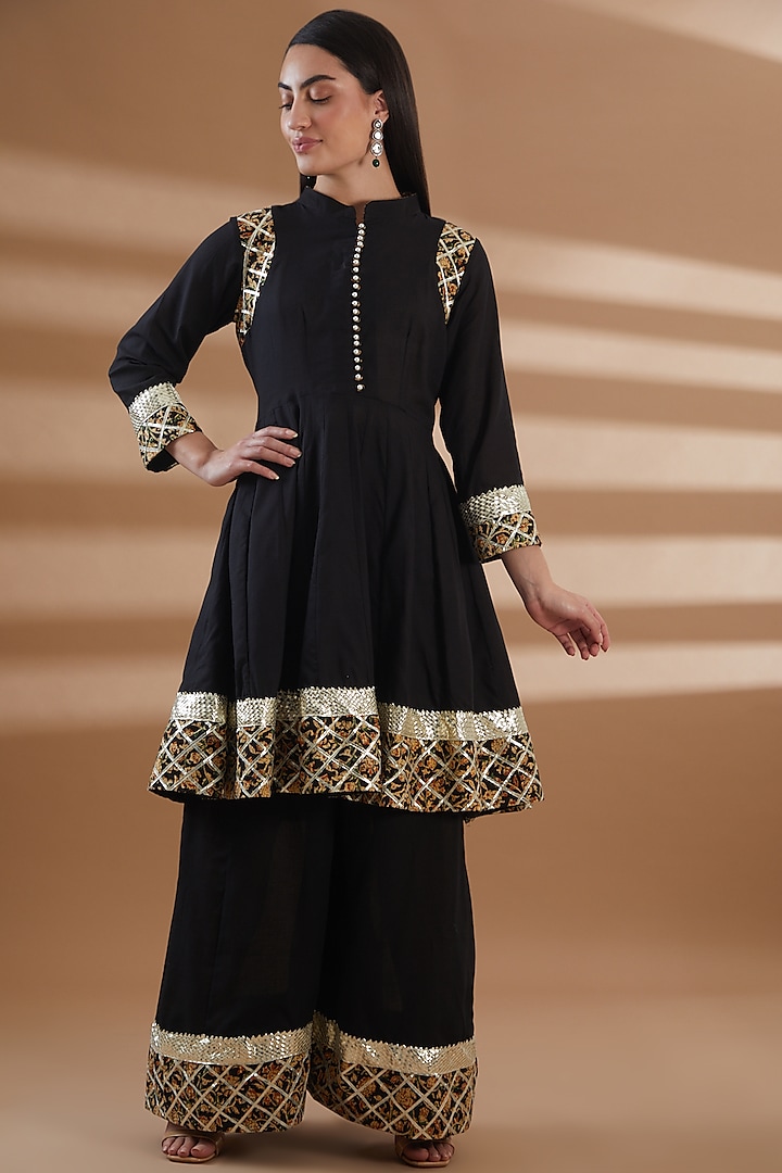 Black Pure Cotton Embroidered Sharara Set by Tamra By Payal Khanna