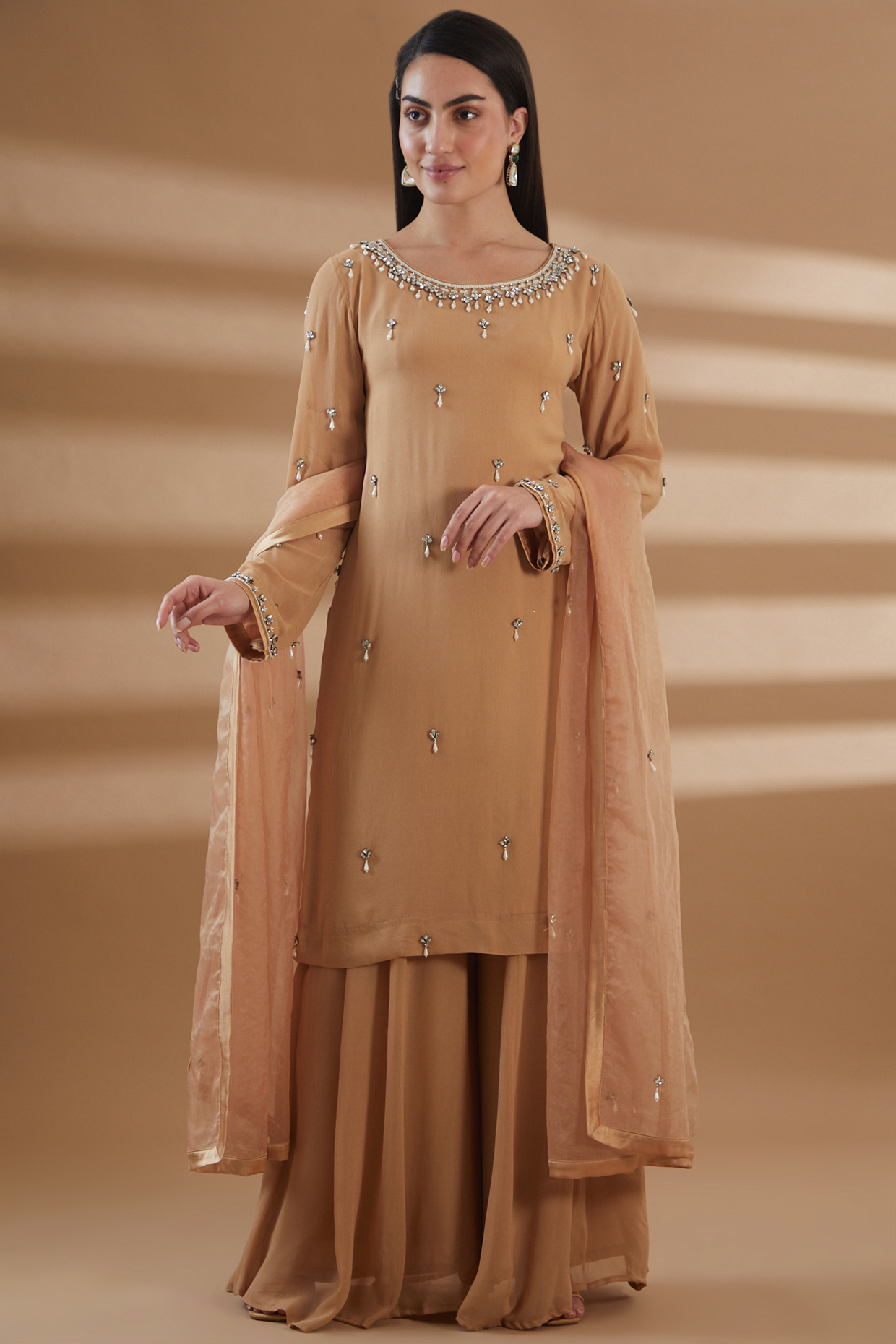 Beige Pure Georgette Sharara Set by Tamra By Payal Khanna