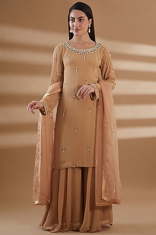 Beige Pure Georgette Sharara Set by Tamra By Payal Khanna
