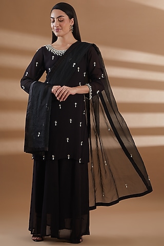 Black Pure Georgette Sharara Set by Tamra By Payal Khanna