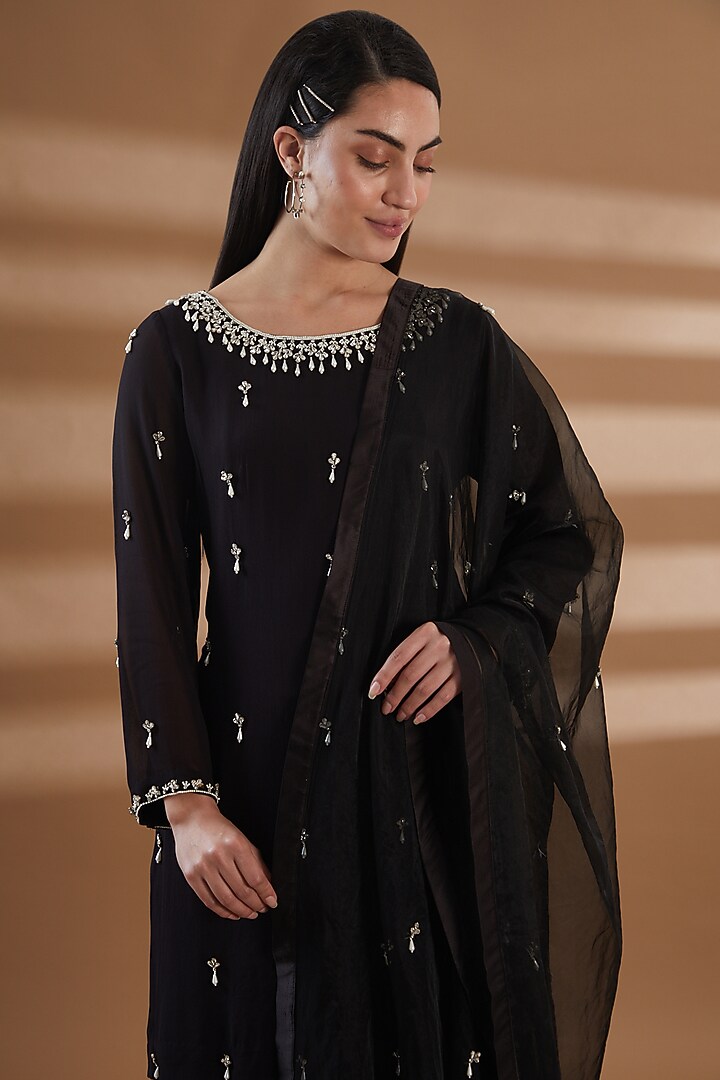 Black Pure Georgette Party Wear Sharara Set by Tamra By Payal Khanna at Pernia's Pop Up Shop