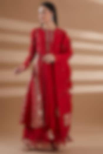 Red Pure Silk Chanderi Anarkali Set by Tamra By Payal Khanna