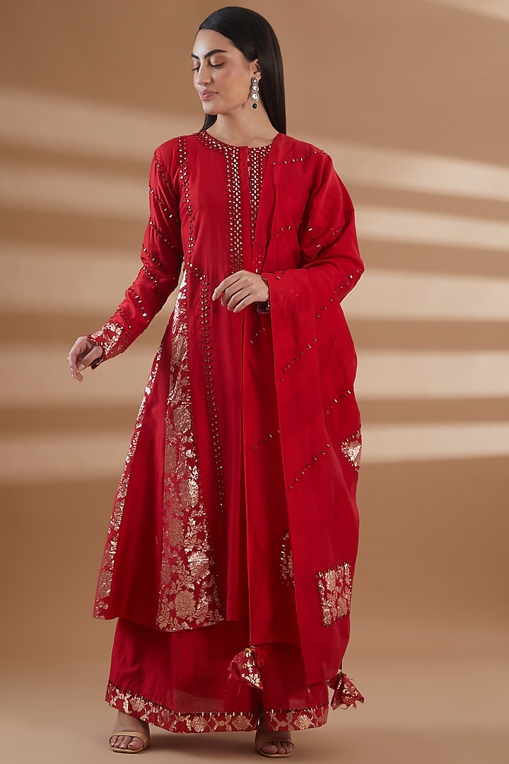 Red Pure Silk Chanderi Anarkali Set by Tamra By Payal Khanna