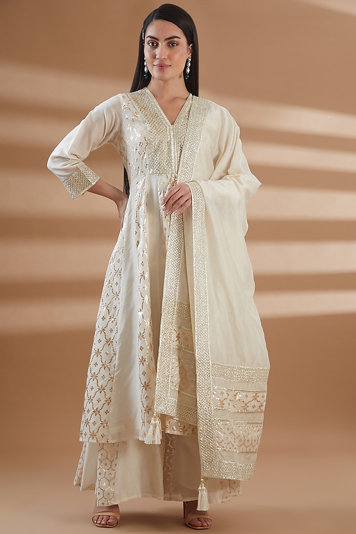 White Silk Chanderi Embroidered Anarkali Set by Tamra By Payal Khanna