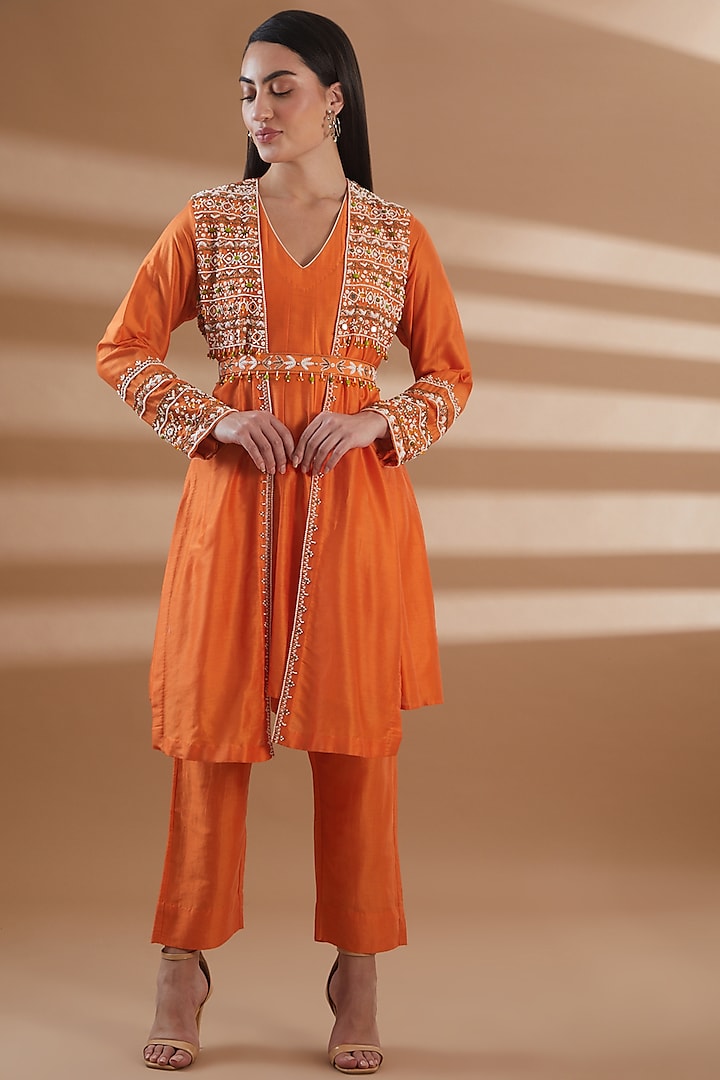 Orange Chanderi Embroidered Kurta Set by Tamra By Payal Khanna