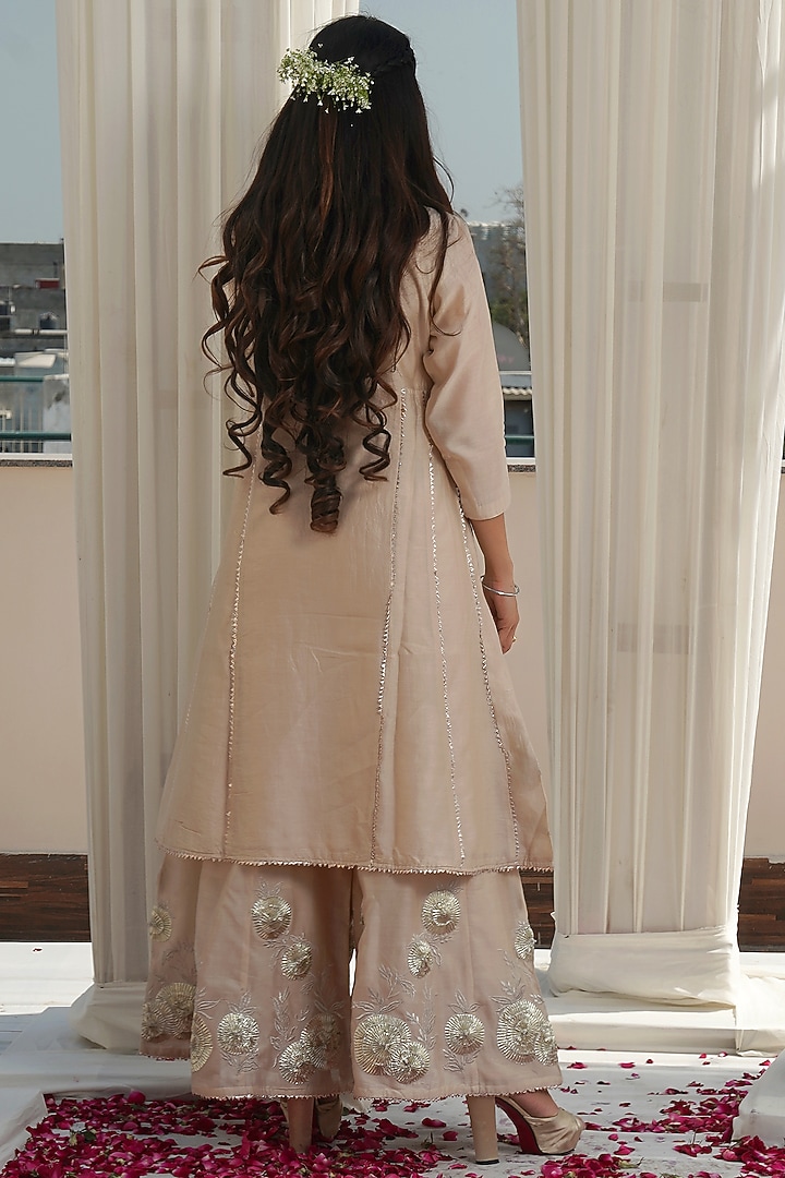 Beige Silk Chanderi Embroidered A-Line Party Wear Anarkali Set by Tamra By Payal Khanna at Pernia's Pop Up Shop