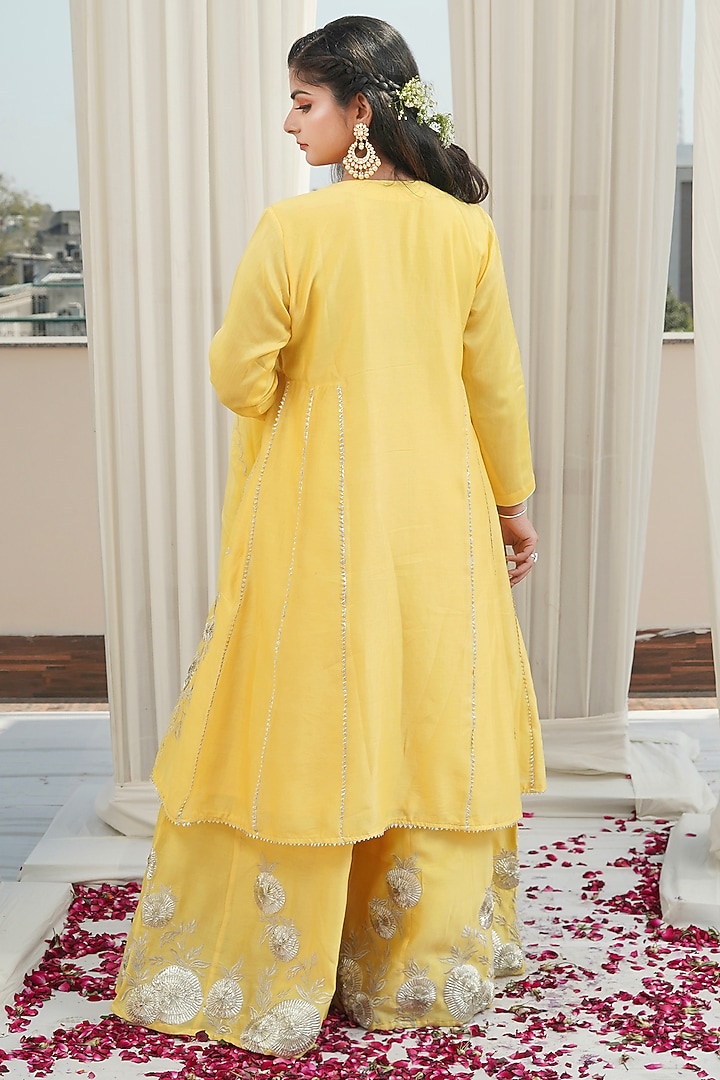 Yellow Silk Chanderi Embroidered A-Line Party Wear Anarkali Set by Tamra By Payal Khanna at Pernia's Pop Up Shop