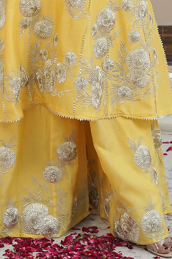 Yellow Silk Chanderi Embroidered A-Line Party Wear Anarkali Set by Tamra By Payal Khanna at Pernia's Pop Up Shop