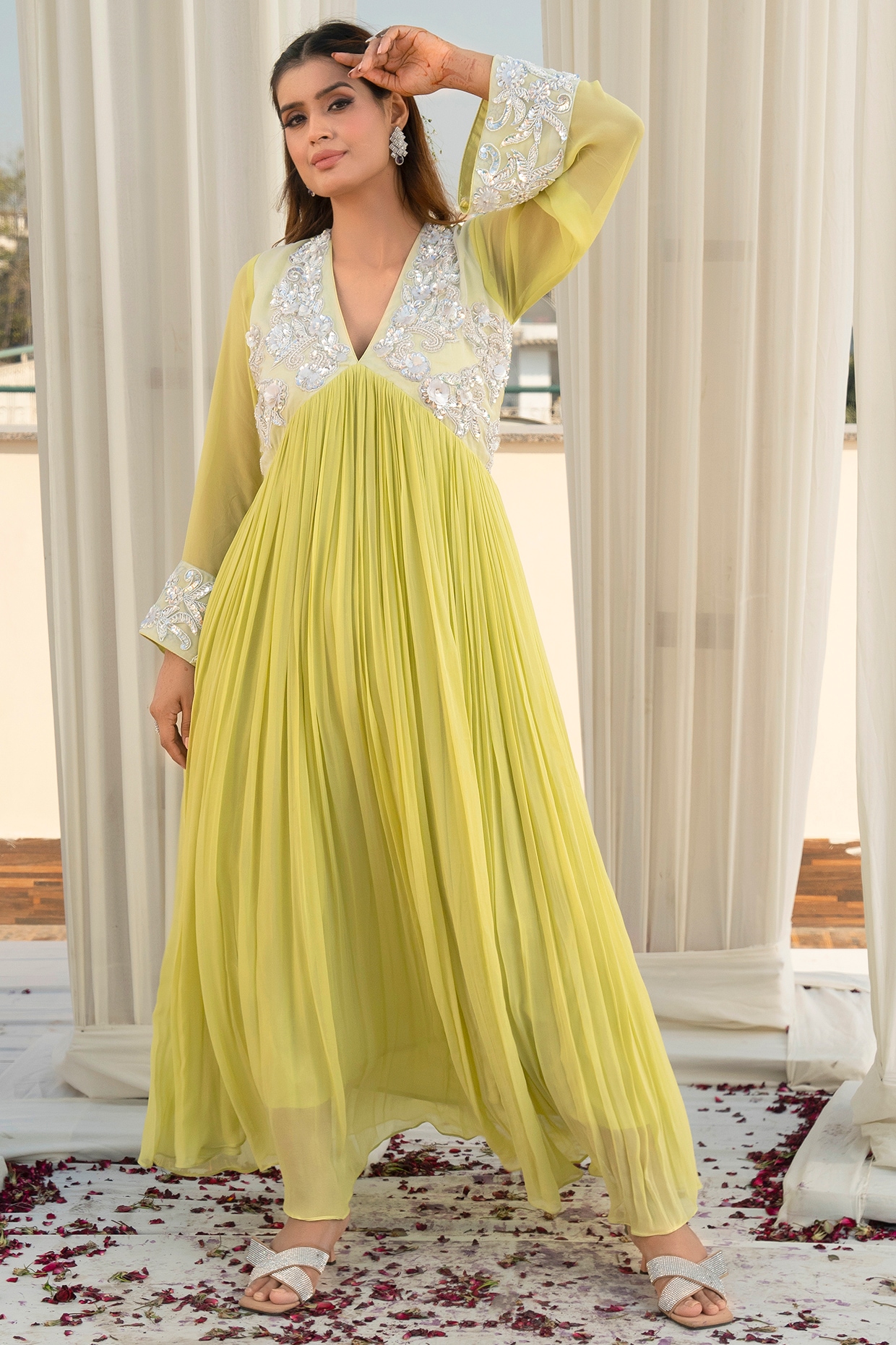 Lime Green Georgette Pleated Anarkali Design by Tamra By Payal