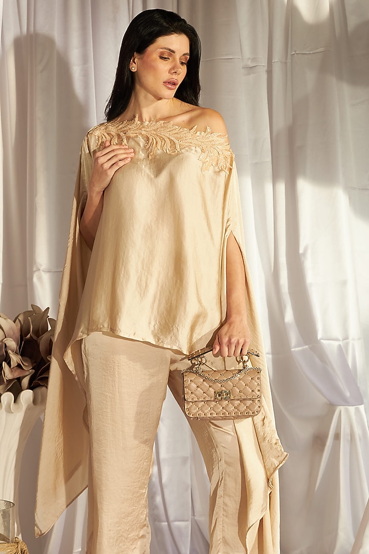 Nude Satin Silk Sequins Embroidered Cape Set by Tasuvure Indes at Pernia's Pop Up Shop