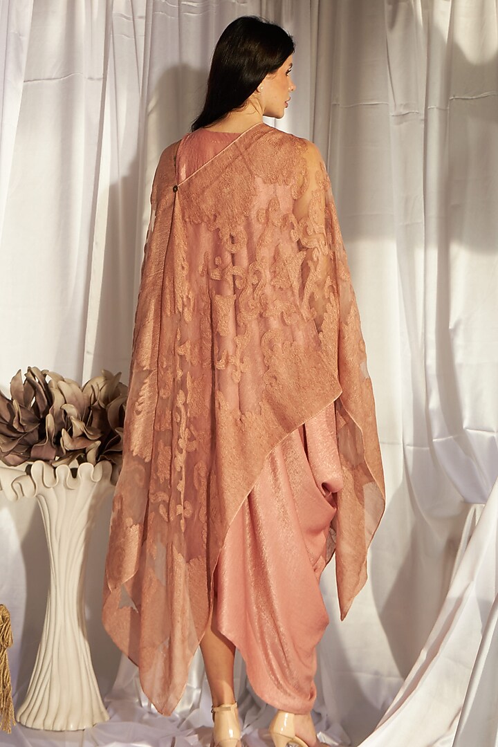 Peach Satin Silk Vacation Dress With Cape by Tasuvure Indes at Pernia's Pop Up Shop