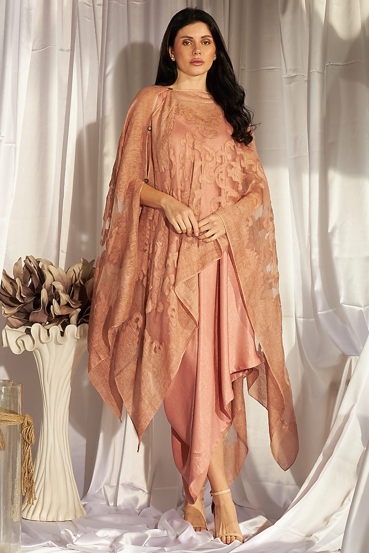 Peach Satin Silk Vacation Dress With Cape by Tasuvure Indes at Pernia's Pop Up Shop