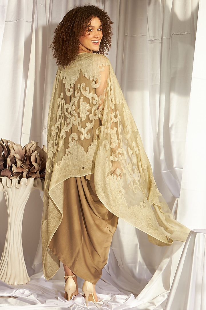Olive Satin Silk Vacation Dress With Cape by Tasuvure Indes at Pernia's Pop Up Shop