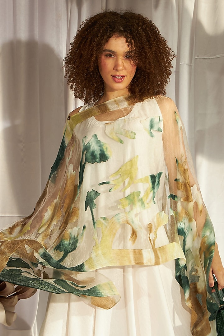 White Satin Silk Vacation Dress With Cape by Tasuvure Indes at Pernia's Pop Up Shop