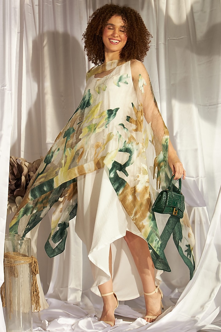 White Satin Silk Vacation Dress With Cape by Tasuvure Indes at Pernia's Pop Up Shop