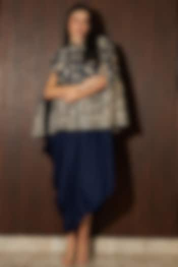 Blue Satin Silk Dress With Cape Jacket by Tasuvure Indes at Pernia's Pop Up Shop