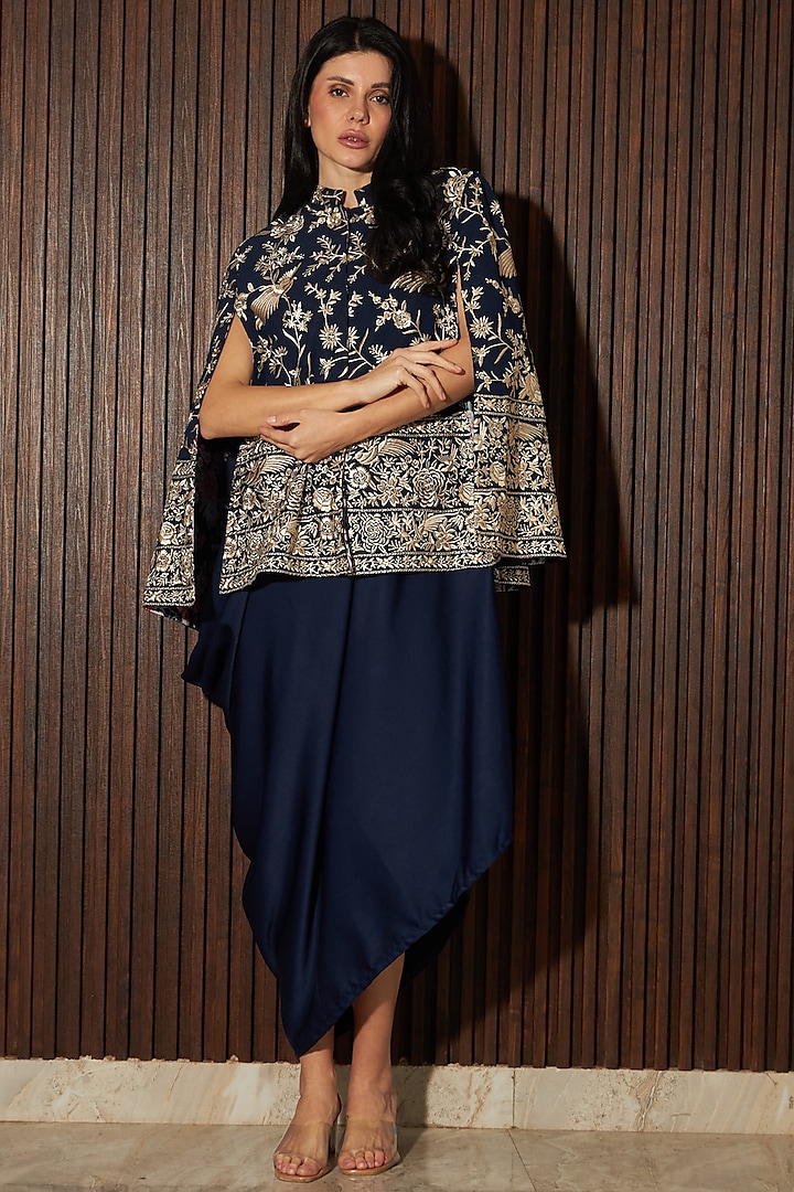 Blue Satin Silk Dress With Cape Jacket by Tasuvure Indes at Pernia's Pop Up Shop