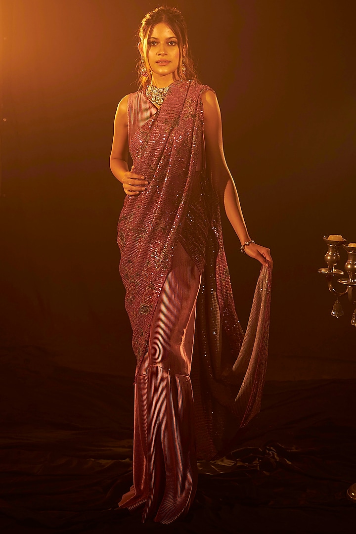Pink Sequinned Gown Saree by Tasuvure Indes