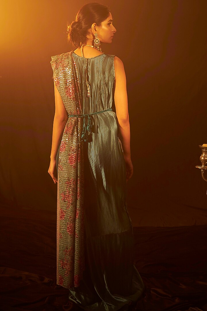 Blue Sequinned Party Wear Gown Saree by Tasuvure Indes at Pernia's Pop Up Shop