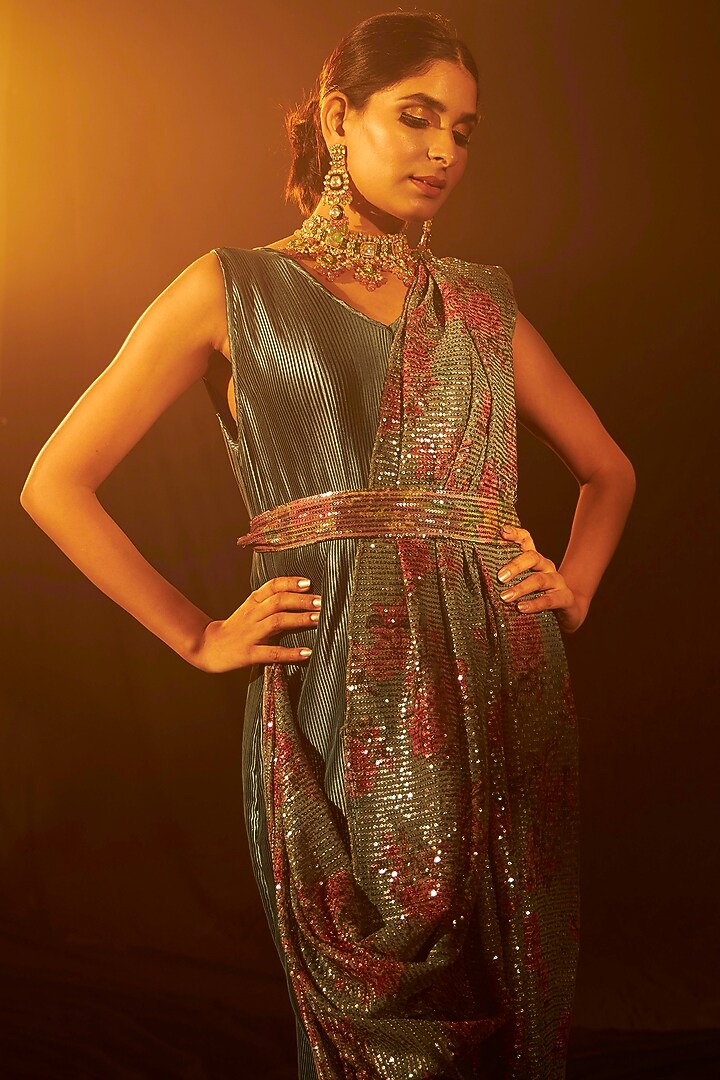 Blue Sequinned Party Wear Gown Saree by Tasuvure Indes at Pernia's Pop Up Shop